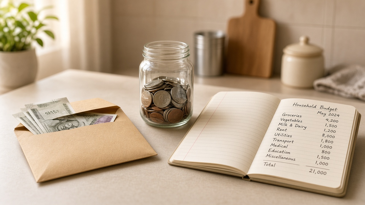 Cash envelope, savings jar and a household budget notebook