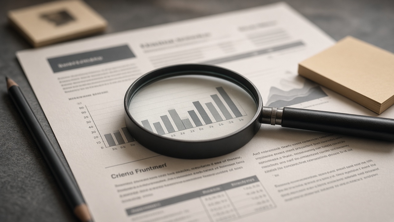 Magnifying glass over a mutual fund factsheet with sticky notes