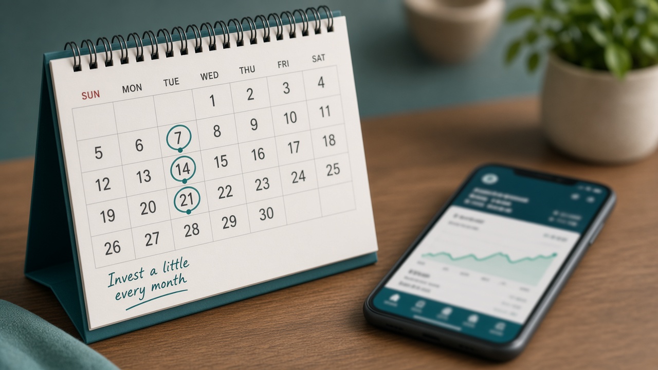 Calendar with circled dates suggesting a monthly investing habit