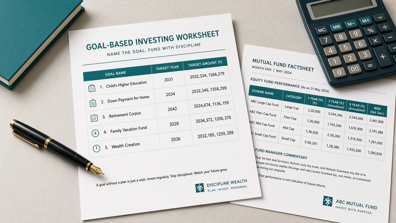 Printed goal worksheet, calculator and factsheet for disciplined investing