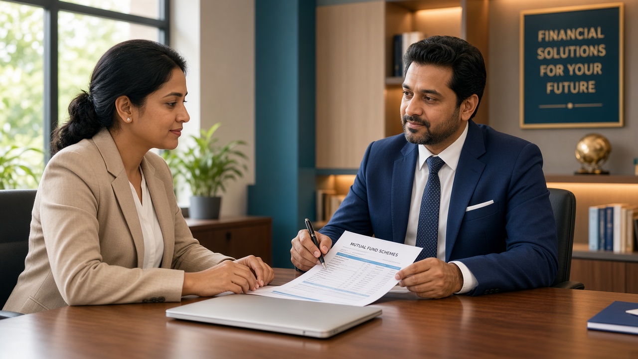 Professional investment discussion across a desk with scheme documents